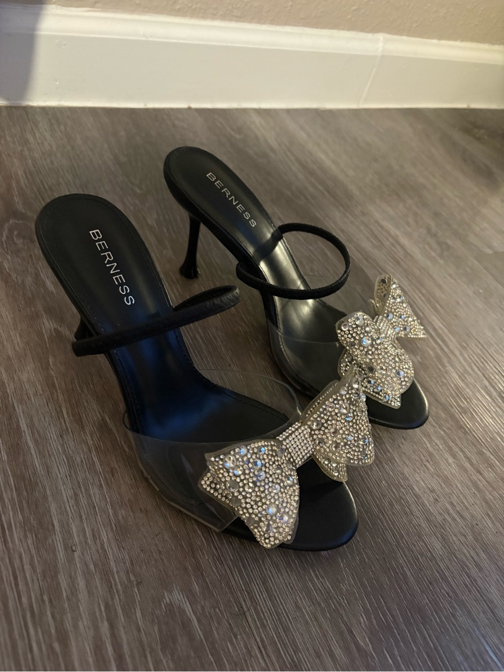 Barness Crystal Bow Black Heeled Sandals by Berness